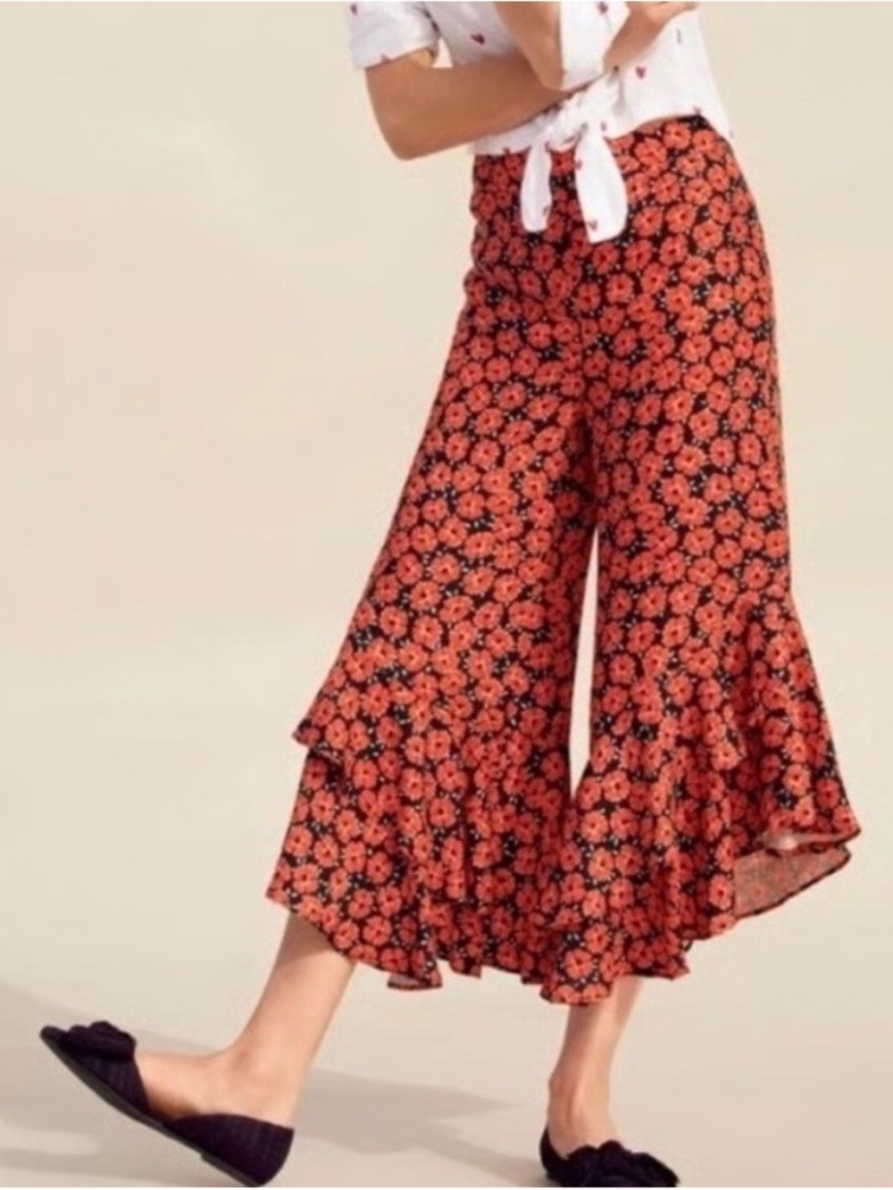 Anthropologie orange flower ruffle bottom pants NWT